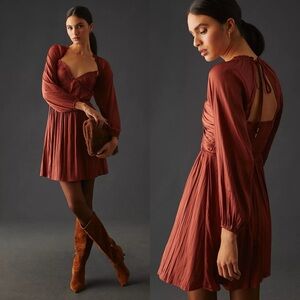 By Anthropologie Shirred Cutout Mini Dress Rust Long Sleeve Billowy Mini Size M